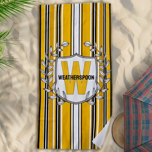 Custom Yellow Black Stripes Monogram Beach Towel (Creator Uploaded)