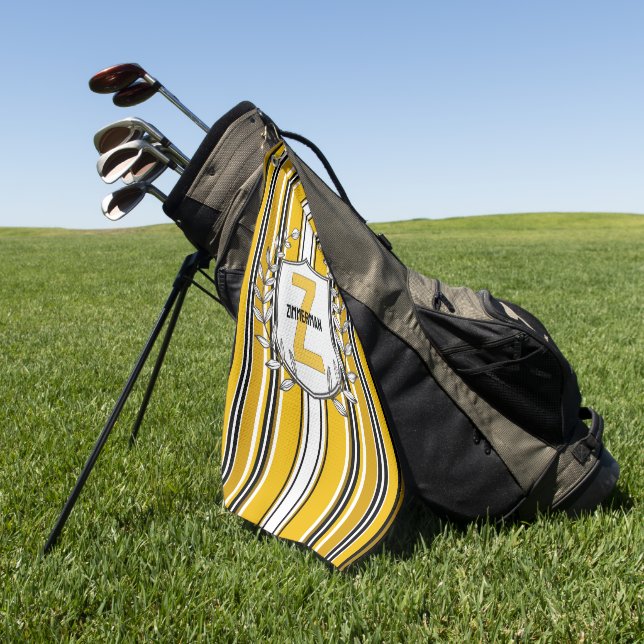 Custom Yellow Black Stripes Monogram Golf Towel (Green)
