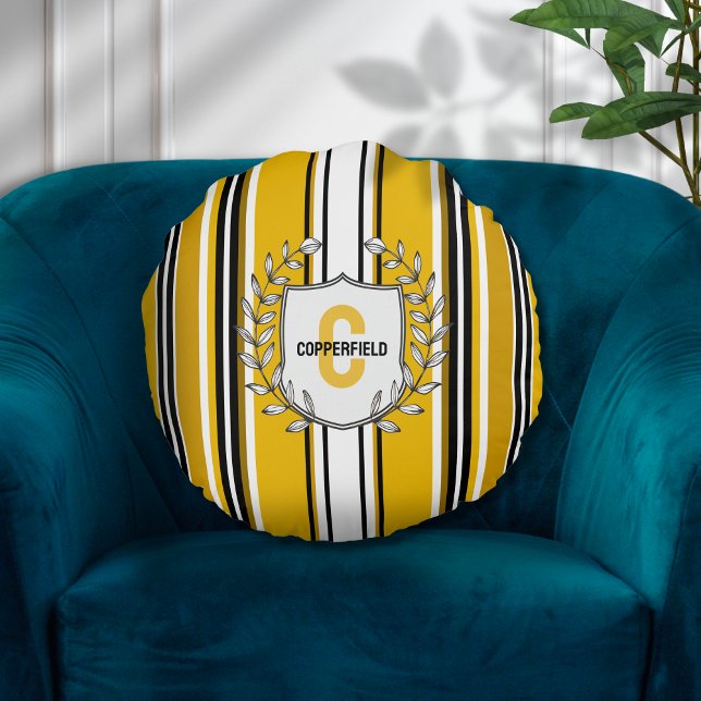 Custom Yellow Black Stripes Monogram Round Cushion (Creator Uploaded)