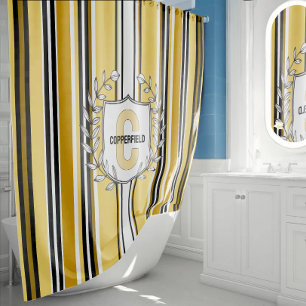 Custom Yellow Black Stripes Monogram Shower Curtain