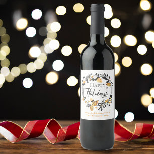 Custom   Yellow Black Wreath   Happy Holidays Wine Label