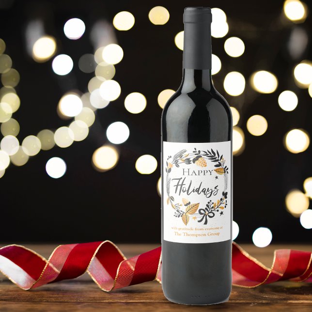 Custom | Yellow Black Wreath | Happy Holidays Wine Label (Custom | Yellow Black Wreath | Happy Holidays Wine Label)