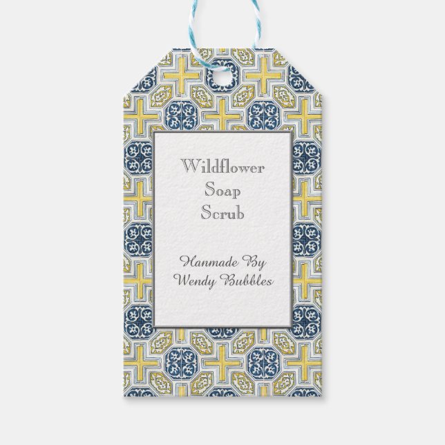 Custom Yellow Blue Geometric Faux Tile Soap Tag (Front)