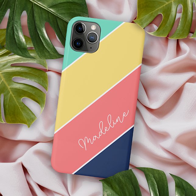 Custom Yellow Coral Dark Blue Aqua Green Stripes iPhone Case (Creator Uploaded)
