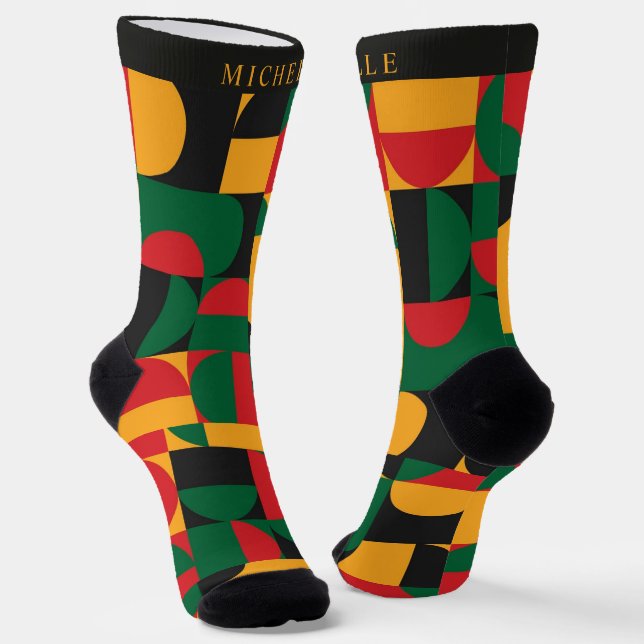 Custom Yellow Green Red Black Geometric Pattern Socks (Angled)