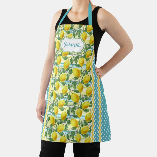 Custom Yellow Lemons Green Leaves On Turquoise Apron (Insitu)