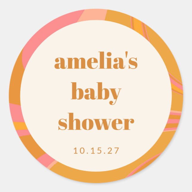 Custom Yellow Orange Pink Marble Baby Shower Classic Round Sticker (Front)