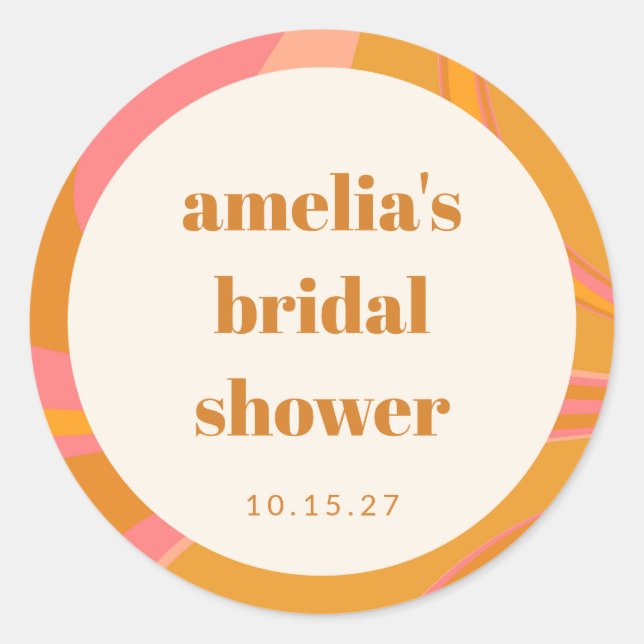 Custom Yellow Orange Pink Marble Bridal Shower Classic Round Sticker (Front)