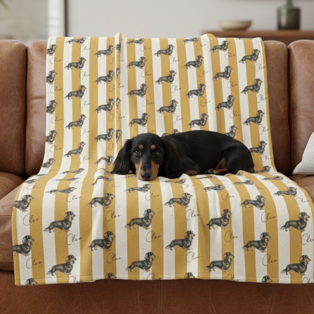 Custom Yellow Stripe Dachshund Pet Name Fleece Blanket (Get cozy with this "Custom Yellow Stripe Dachshund Pet Name Fleece Blanket"!)