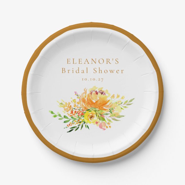 Custom Yellow Watercolor Floral Bridal Shower  Paper Plate (Front)