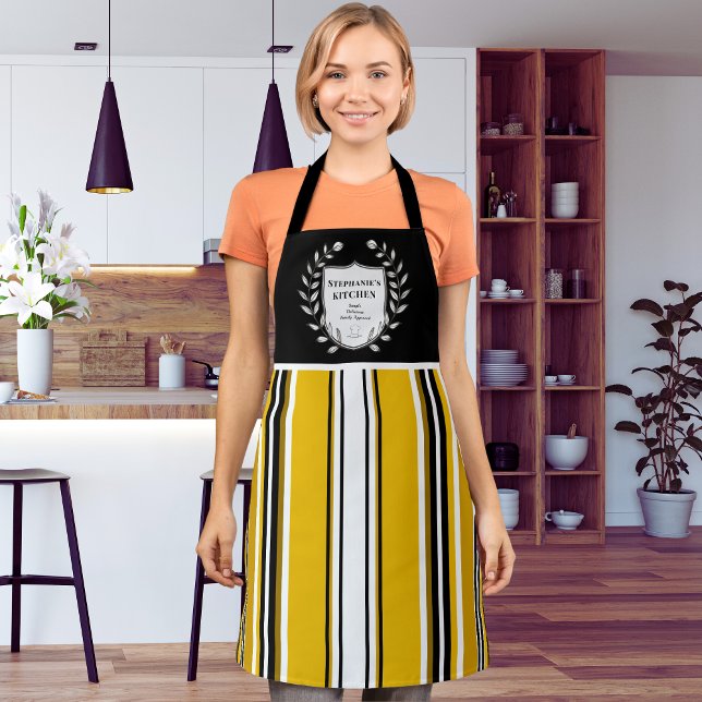 Custom Yellow White Black Stripes Kitchen Apron (Creator Uploaded)