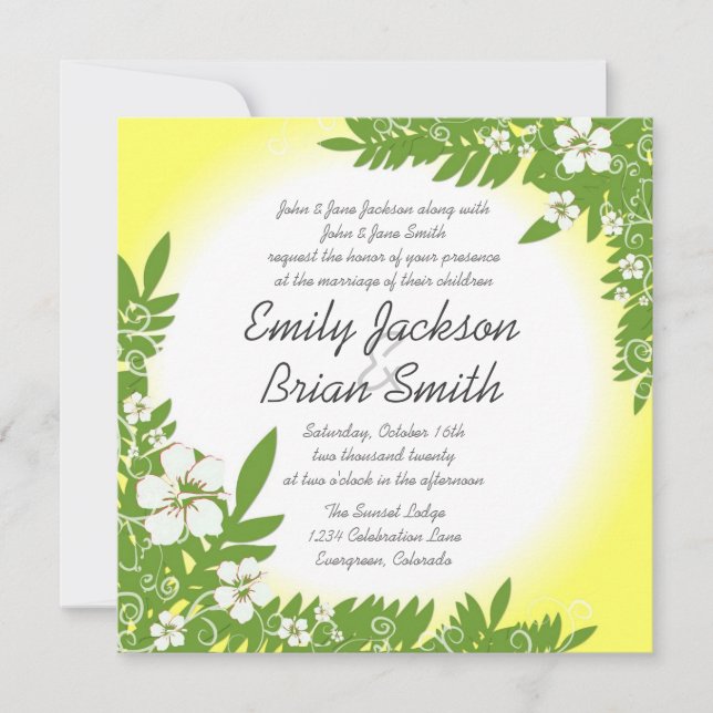 Custom yellow white hibiscus wedding invitations (Front)