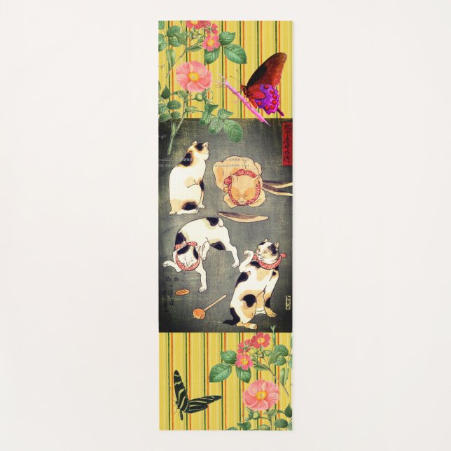 CUSTOM YOGA MAT POPPIES AND JAPANESE CATS (Front)