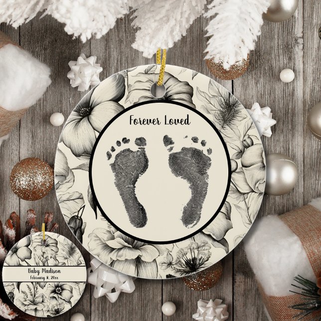 Custom Your Baby's Foot Prints Soft Floral Tribute Ceramic Ornament (Creator Uploaded)