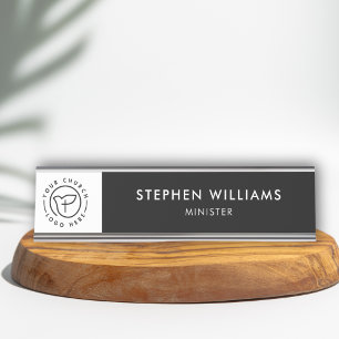 Custom Your Church Logo Minister Black and White Desk Name Plate