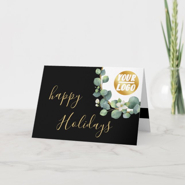 custom your Company Logo Gold Wreath Eucalyptus sq Holiday Card (Front)