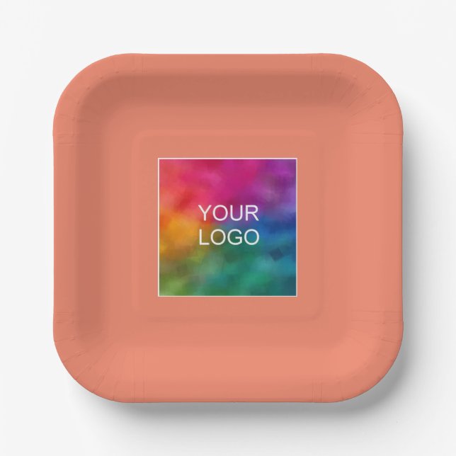 Custom Your Company Logo Here Square Salmon Peach Paper Plate (Front)