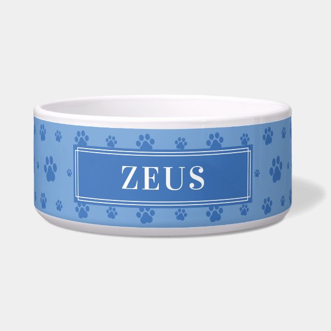 Custom Your Dog Name Blue Paws Ceramic Pet Bowl (Front)