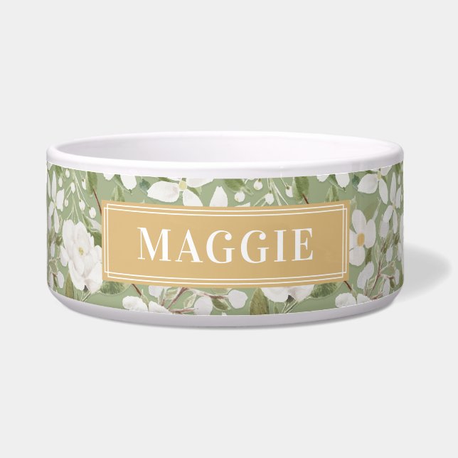 Custom Your Dog Name Green Floral Ceramic Pet Bowl (Front)