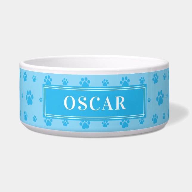 Custom Your Dog Name SkyBlue Paws Ceramic Pet Bowl (Front)