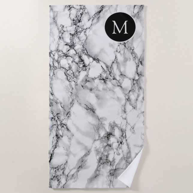 Custom Your Letter Beach Towel White Marble Design (Front)