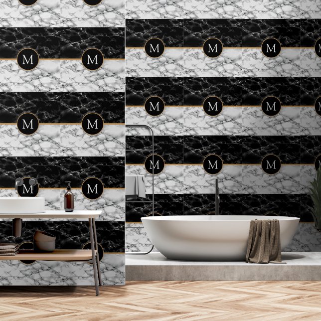 Custom Your Letter Black White Marble Wallpaper (Bathroom)