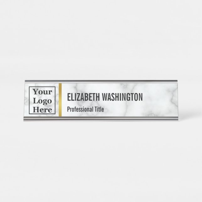 Custom Your Logo Here on Elegant Faux White Marble Desk Name Plate (Front)