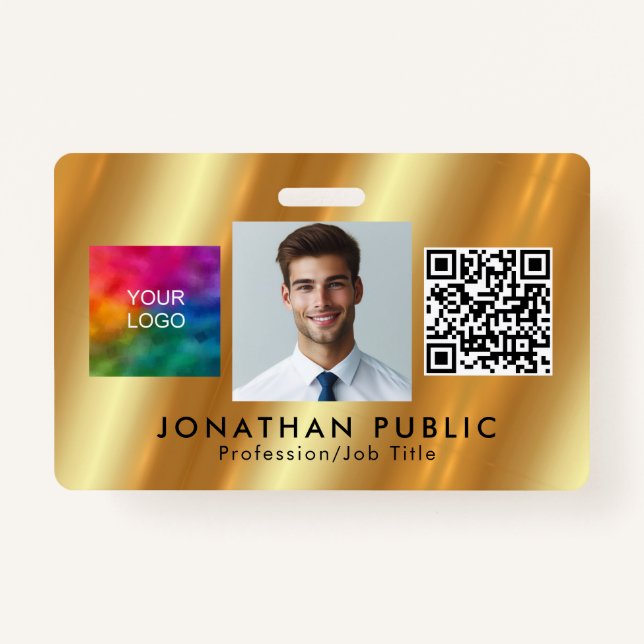 Custom Your Logo QR Code Employee Photo Gold ID Badge (Front)