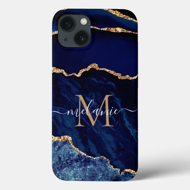 Custom Your Name Agate Navy Blue Gold Marble Case-Mate iPhone Case (Back)