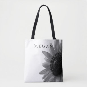 Custom Your Name Elegant Black & White Sunflower Tote Bag