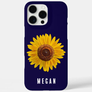 Custom Your Name Navy Blue Yellow Sunflower iPhone 16 Pro Max Case