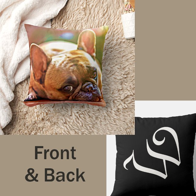 Custom Your Pet Photo Monogrammed Black White Cushion (Creator Uploaded)