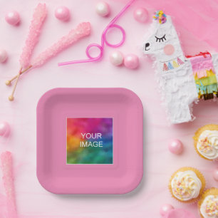 Custom Your Photo Image Or Logo Here Pink Square Paper Plate