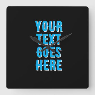 custom your text goes here, black with blue text square wall clock