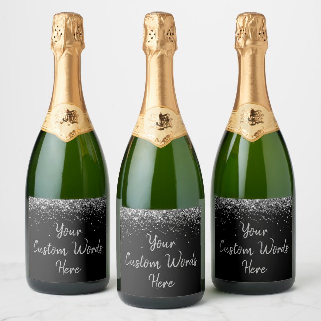 Custom Your Text Here Personalised Black & Silver Sparkling Wine Label (Bottles)