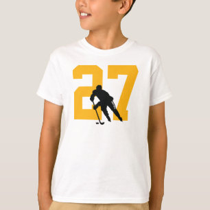Custom Youth Hockey Player Number Black and Gold T-Shirt