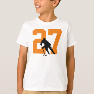 Custom Youth Hockey Player Number Orange T-Shirt