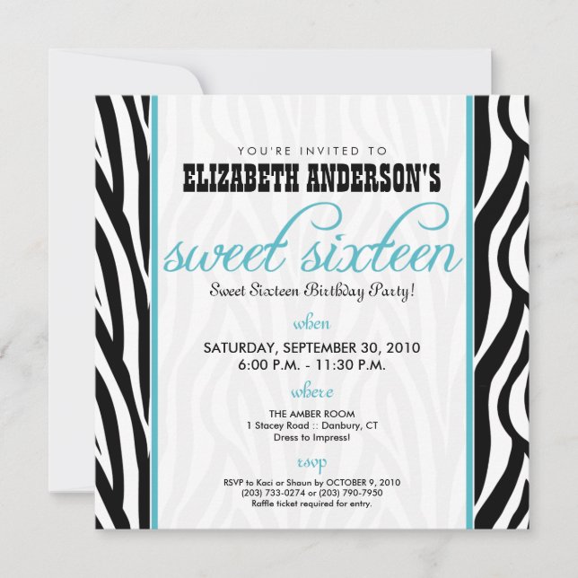 :custom: Zebra Sweet 16 Party Invitation (aqua) (Front)