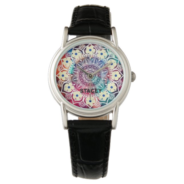 Custome name. Mandalas vibrant colours hippie  Watch (Front)