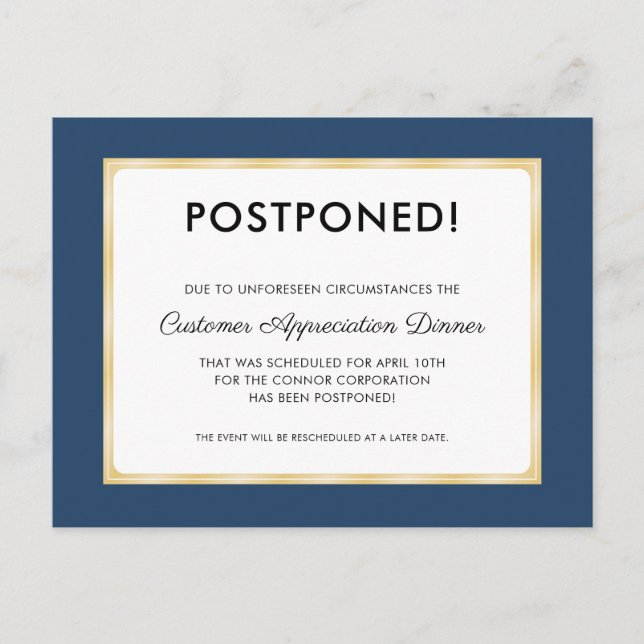 Customer Appreciation Dinner Postponed Postcard (Front)