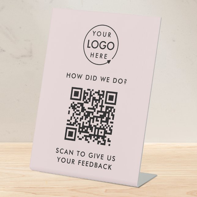 Customer Feedback Business Rating QR Code Pink Pedestal Sign (Customer feedback template with interactive QR code for small business customer retention.)