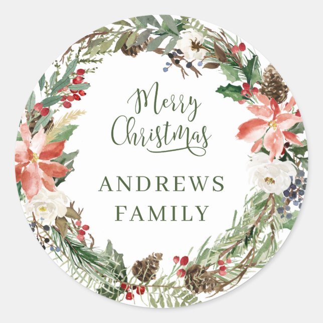 Customer specific Merry Christmas! Wreath Classic  Round Sticker (Front)