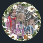 Customer Specific Photo Merry Christmas    Classic Round Sticker<br><div class="desc">Merry Christmas! Modern,  photo greenery sticker. Insert your text / photo  quick & easy.</div>