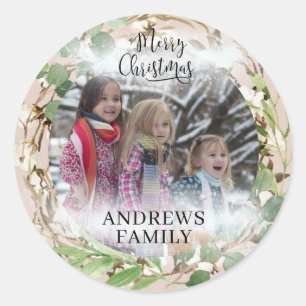 Customer specific Photo Merry Christmas! Wreath   Classic Round Sticker