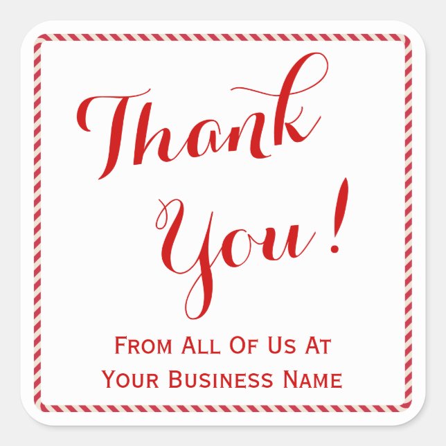 Customer Thank You Company Name Holiday Red Stripe Square Sticker (Front)