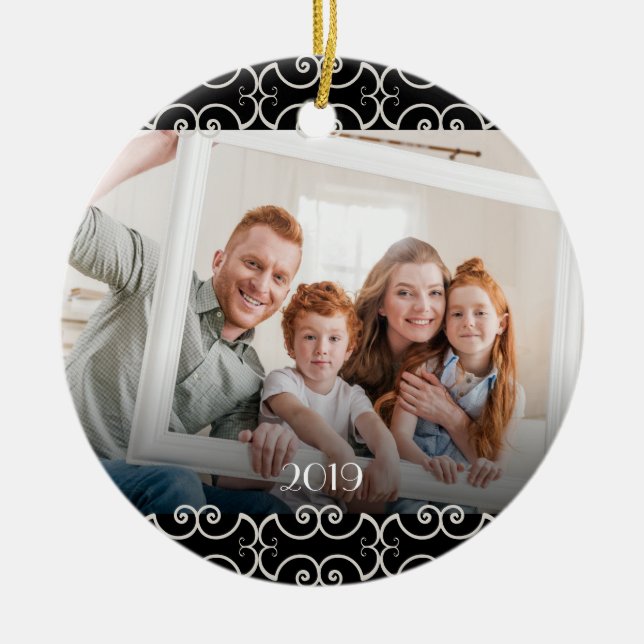 Customisable 2-sided Elegant Scrolls 2 Photo Ceramic Ornament (Front)