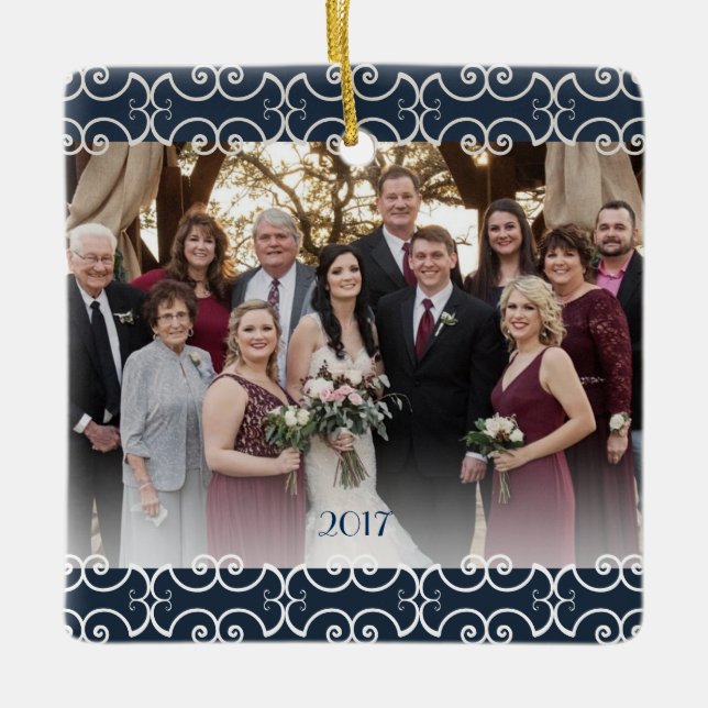 Customisable 2 Sided Navy Blue Elegant Scrolls Ceramic Ornament (Front)