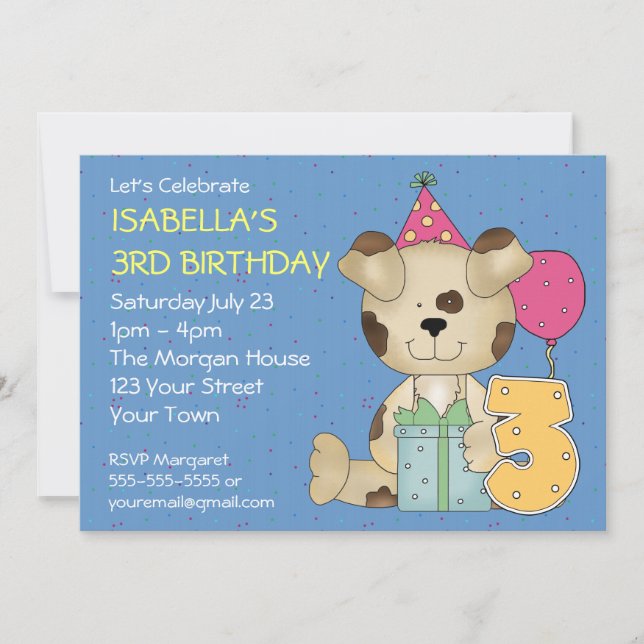 Customisable 3rd Birthday Puppy Dog Invitation (Front)