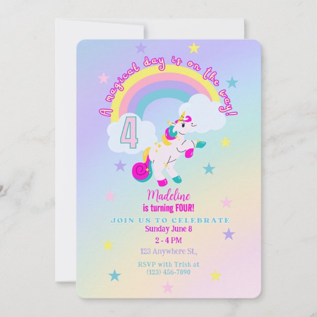Customisable 4th Birthday Unicorn Invitation (Front)