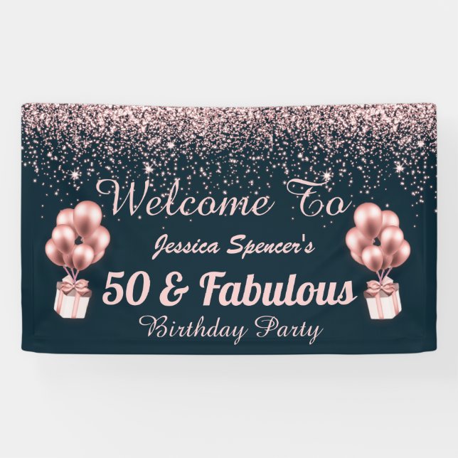 Customisable 50 and Fabulous Rose Gold Birthday Banner (Horizontal)